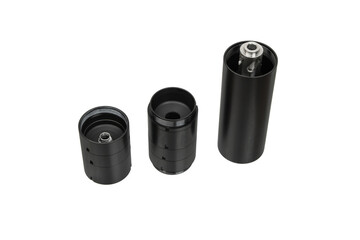 Black silencer for weapons. Suppressor that is at the end of an assault rifle. Isolate on a white...