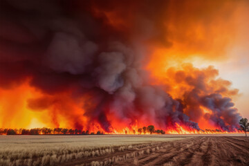 Dramatic wildfire landscape. Flames destroying agricultural fields, horizon in flames against dramatic smoke-filled red sky