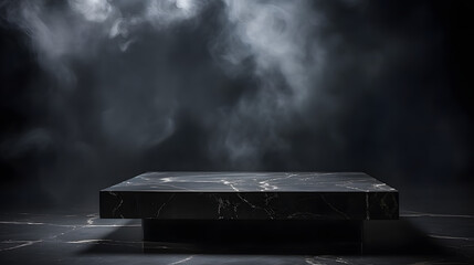 Empty black marble table podium with black stone floor in dark room with smoke. 
