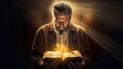 A man reading a book while holding a candle illumination background art