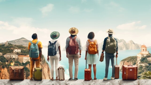 Group of happy friends explore nature outdoors, tourism, travel, backpack camping hiking journey travel trek concept, with blurred background, Generative AI illustration