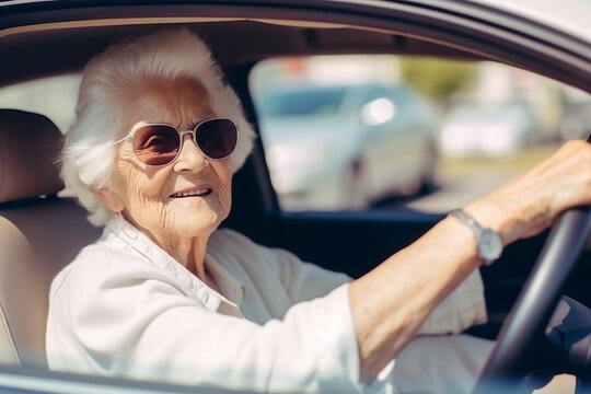Pretty senior woman driving a car. Generative AI