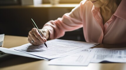 Happy freelance signing or filling form in a desktop at office