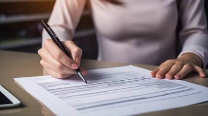 Happy freelance signing or filling form in a desktop at office