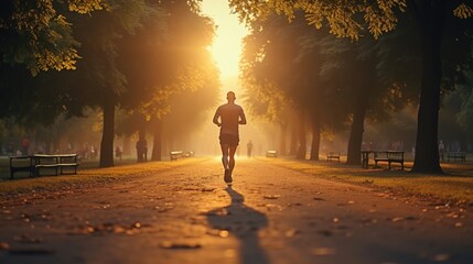 beautiful park with a running man in the morning sunrise.
