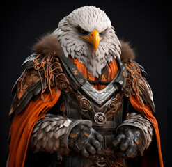 Warrior eagle dressed with cape and armor. Created with generative AI technology