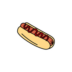 Hot Dog vector doodle element isolated. Outline illustration of traditional fast food meal. Hand drawn cute colorful doodles