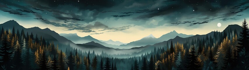Panoramic view landscape illustration of mountain forest with pine trees under starry night