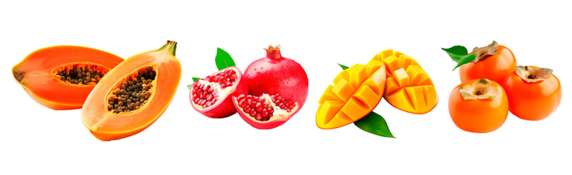 Set of exotic fruits on isolated transparent background. Papaya, pomegranate, mango and naranjilla