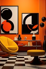 Beautiful Interior Design of a Colorful Orange and Yellow Living Room. High Contrast Colors.