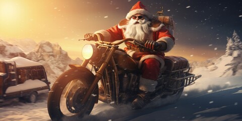 Santa Claus riding a motorcycle in the snow at the North Pole, biker santa claus, Generative AI