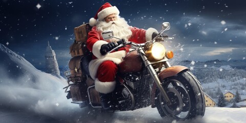 Santa Claus riding a motorcycle in the snow at the North Pole, biker santa claus, Generative AI