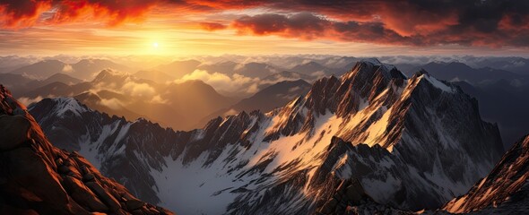 Beautiful panoramic view of a mountain landscape at sunset.
