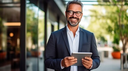 Fototapeta premium Businessman in glasses holding tablet, portrait shot