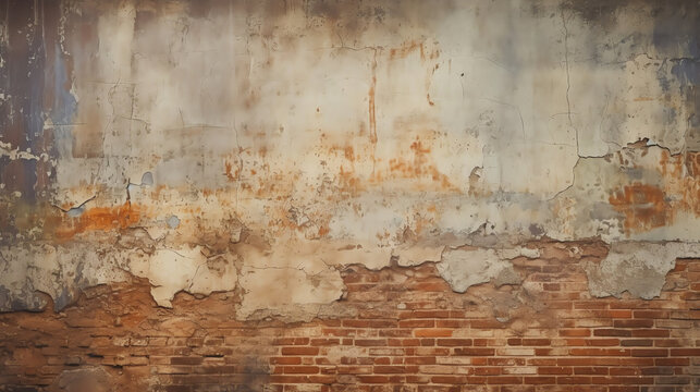 Generative AI : Empty Old Brick Wall Texture. Painted Distressed Wall Surface. Grungy Wide Brickwall. Grunge Red Stonewall Background. Shabby Building Facade With Damaged Plaster. Abstract Web Banner.
