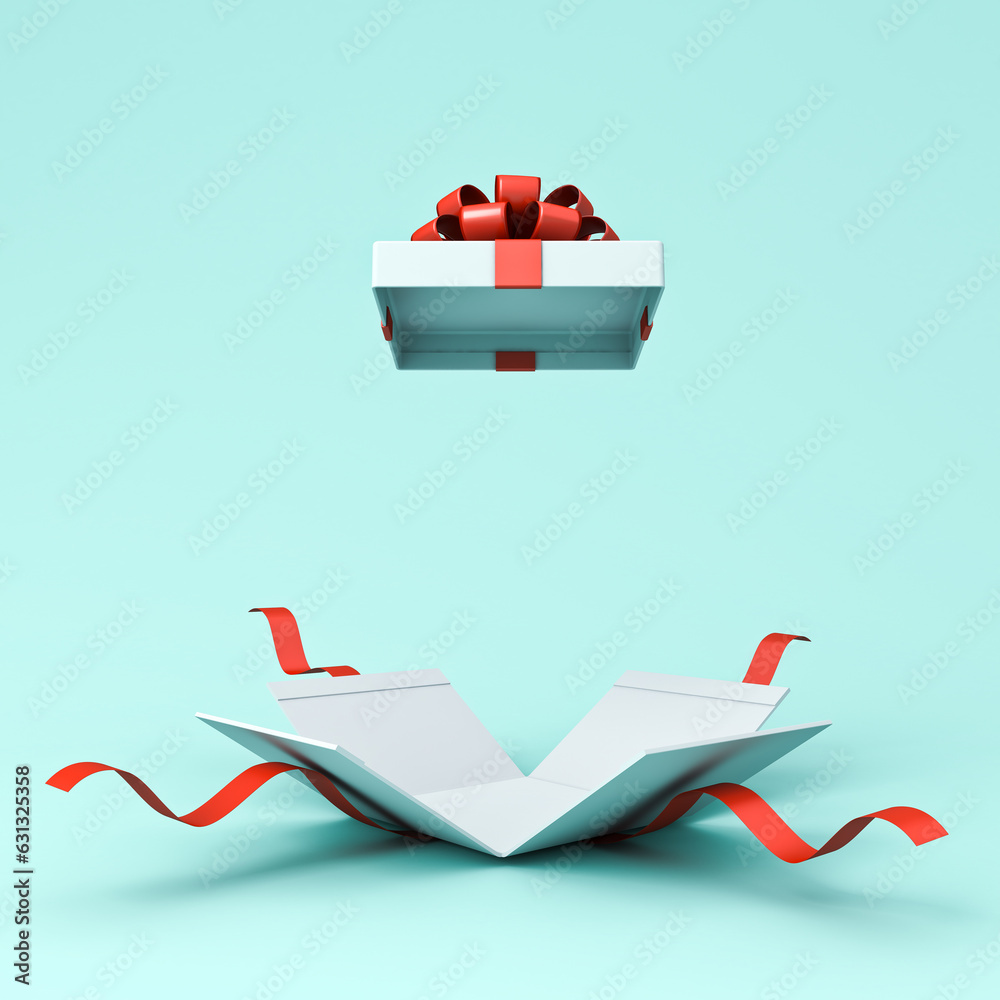Poster Open present box or blank white gift box with red ribbons and bow isolated on light blue cyan pastel color background with shadow 3D rendering