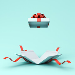 Open present box or blank white gift box with red ribbons and bow isolated on light blue cyan...
