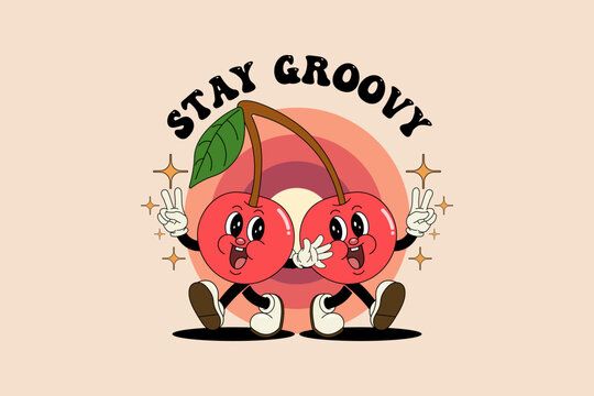 Groovy posters 70s. Retro poster with funny cartoon walking characters in the form of fruits. Vintage prints, isolated, t shirt design
