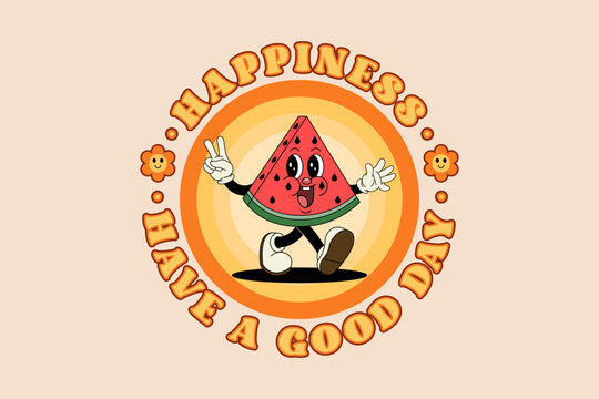 Groovy posters 70s. Retro poster with funny cartoon walking characters in the form of fruits. Vintage prints, isolated, t shirt design