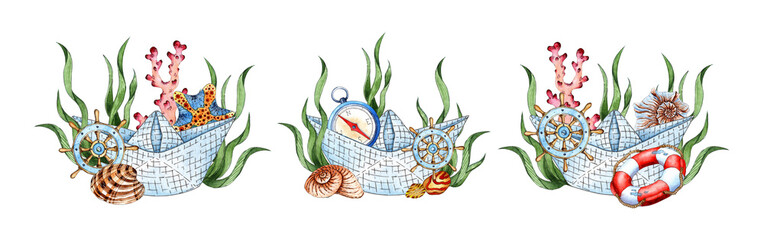 Watercolor illustration set of paper boats, rudder, compass, shells, coral, lifebuoy and algae. Cliparts for posters, cards, banners, flyers, covers, placards and other printing products isolated © AliCris