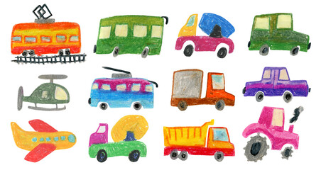 Set of cute stylized oil pastel public, air and construction transport. Bright colorful hand drawn collection of bus, truck, airplane, and tractor for kids textile design, stickers, labels, posters