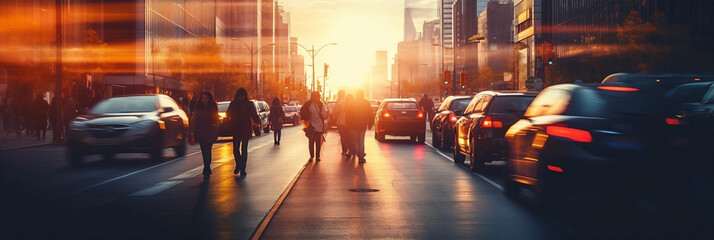 traffic in the city at sunset