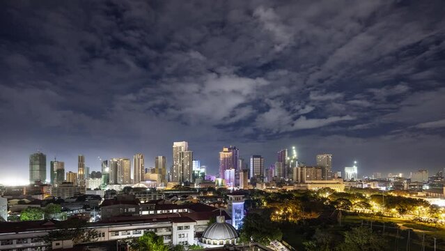 Time lapse of the clouds moving above the buildings in Manila, Philippines.