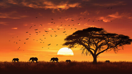 Fototapeta na wymiar Sunset Over the Vast Savanna Landscape