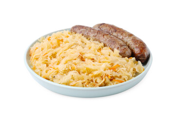 Plate with sauerkraut and sausages isolated on white
