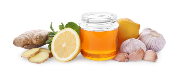 Honey, garlic, lemon, ginger and fresh mint for cough treatment. Cold remedies on white background