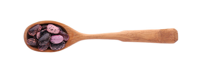 Wooden spoon with dry kidney beans isolated on white, top view