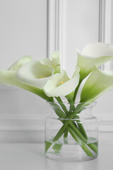 Beautiful calla lily flowers in glass vase on white table