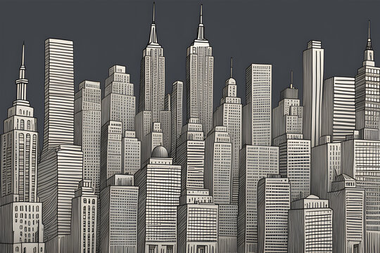 Draw a city skyline similar to New York's, with a tall central building resembling the Empire State Building.