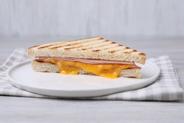 Delicious grilled sandwich with ham and cheese on light table