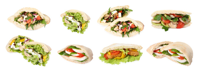 Collage with tasty pita sandwiches isolated on white