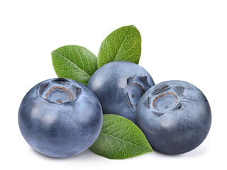 Fresh ripe blueberries with green leaves isolated on white