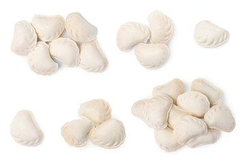 Many raw dumplings (varenyky) on white background, collage design