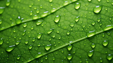 Green Leaf Adorned with Glistening Water Drops, Freshness Captured