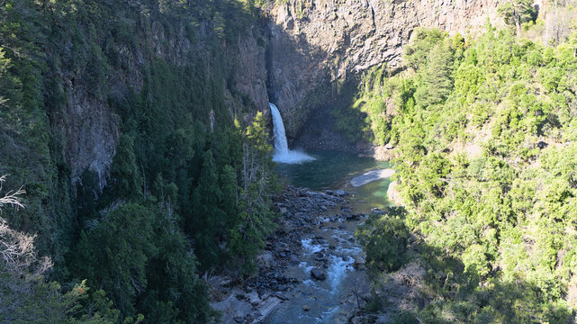 Waterfall at siete tasa on rio claro in the center of Chile 