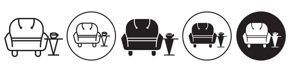 Lounge symbol Icon. Vector outlined set collection of classic retro home decor couch sofa to relax and siting back to rest. Flat logo of comfortable chair in living room. Hotel or multiplex seat mark