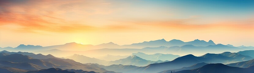 Beautiful panoramic view of a landscape with mountains, hills and a bright sky.