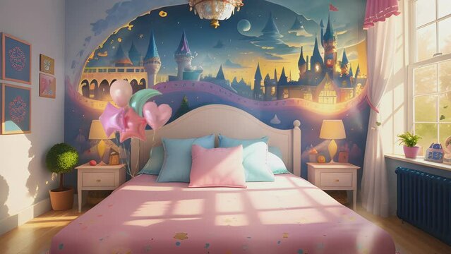 dream children's bedroom decoration, fantasy themed, cute and funny. Cartoon or anime illustration style. seamless looping 4K time-lapse virtual video animation background.