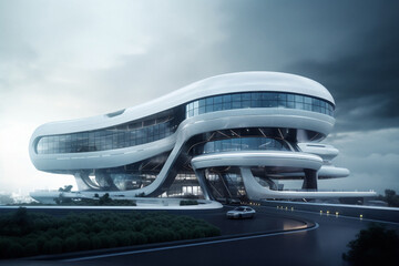 Obraz premium Future, architecture and sci fi with building in city for construction, development and innovation. Futuristic, creative and ai generated with glass structure for laboratory, science and industry