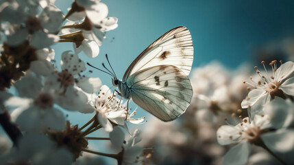 Butterfly, summer and field of flowers in nature for environment, sustainability and blossom. Floral, spring and meadows with closeup of insect in countryside for ai generated, paradise and scenery