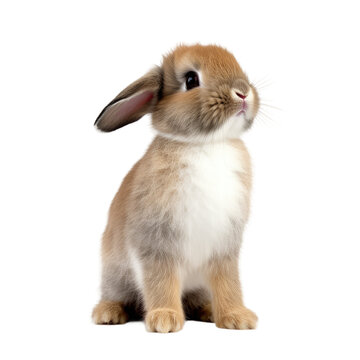 A newborn rabbit with three colors standing, looking upward. Studio photo on transparent backround.