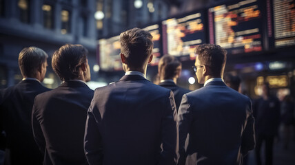 Fototapeta premium People in suits from the back watching the price increase on the stock exchange monitor