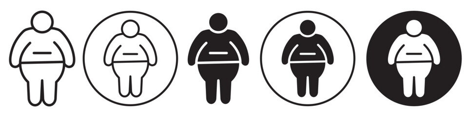Overweight Man Icon set collection. Vector logo sign mark of fatty people man with heavy weight gain due to excess fat in waist by eating too much unhealthy fast food. Obesity in diabetic obese adult  - obrazy, fototapety, plakaty