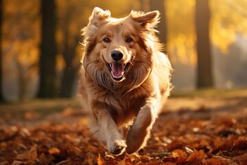 Cute dog runs through the autumn leaves in the forest