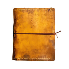 A worn out leather notebook with yellowed pages, alone on a transparent backround.