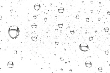 clear water drops on png transparent background, raindrops on window glass isolated on white background, different natural sizes, realistic condensation on surface, graphic resource
